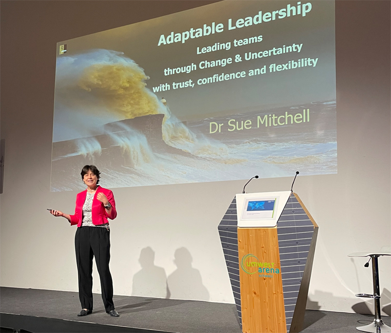 Sue delivering a Keynote speech on Adaptable Leadership: Navigating Change and Uncertainty